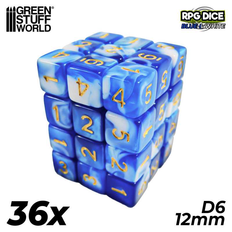 36x D6 12mm Dés de Jeu - Blanc Bleu | Dés D6