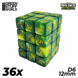 36x D6 12mm Dés de Jeu - Vert Marbre | Dés D6