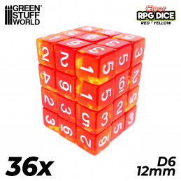 36x D6 12mm Dés de Jeu - Rouge/Jaune Transparent | Dés D6