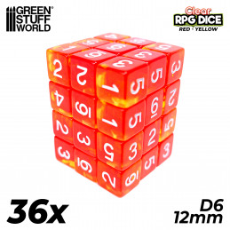 36x Dados D6 12mm - Rojo/Amarillo Transparente Dados D6