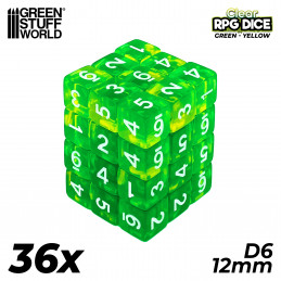 36x D6 12mm Dés de Jeu - Vert/Jaune Transparent | Dés D6