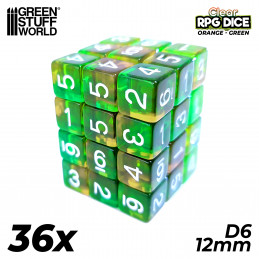 36x D6 12mm Dice - Clear Orange/Green | D6 Dices