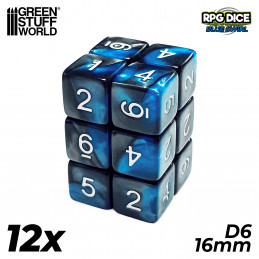 12x D6 16mm Dés de Jeu - Bleu Marbre | Dés D6