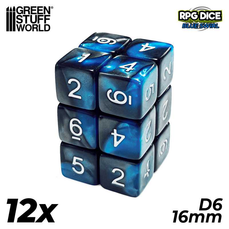 12x D6 16mm Dés de Jeu - Bleu Marbre | Dés D6