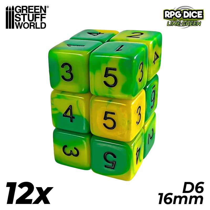 12x D6 16mm Dice - Lime Marble | Board Game Dices