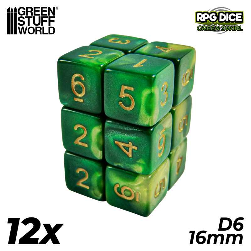 12x D6 16mm Dés de Jeu - Vert Marbre | Dés - Jeux de société