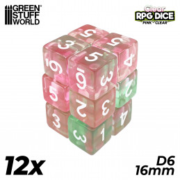 12x D6 16mm Dice - Clear Pink | D6 Dices