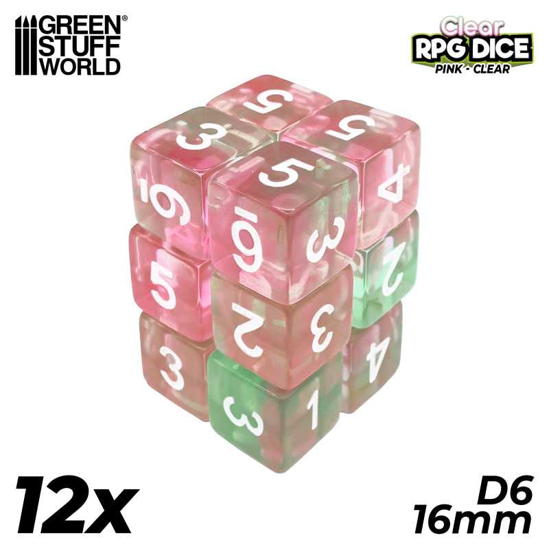 12x D6 16mm Dés de Jeu - Rose clair | Dés D6