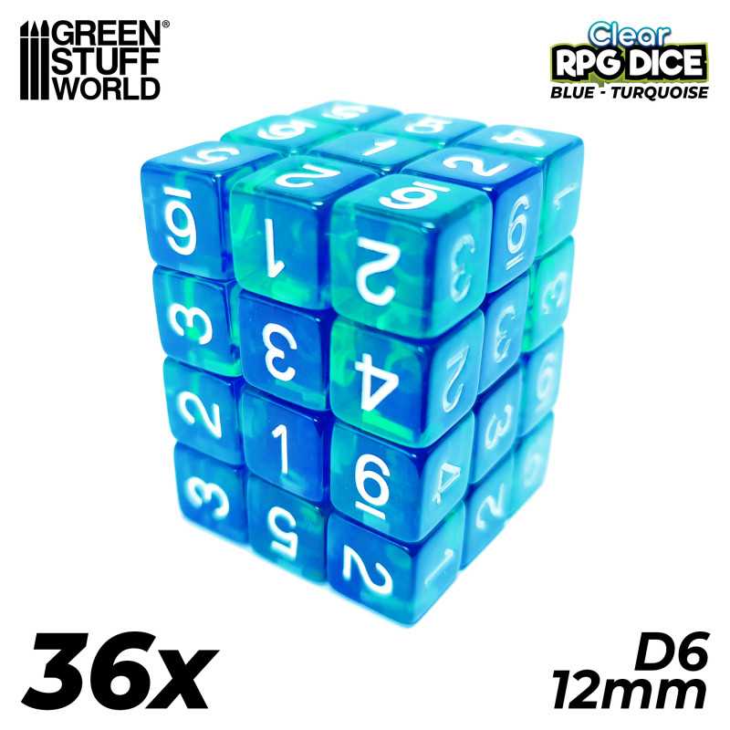 36x D6 12mm Dés de Jeu - Bleu/Turquoise Transparent | Dés D6