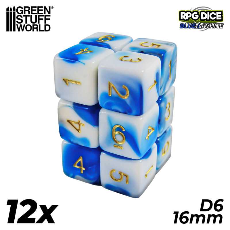 12x D6 16mm Dés de Jeu - Bleu Blanc | Dés - Jeux de société