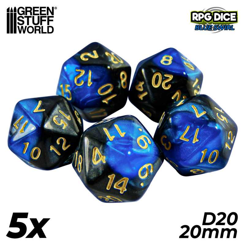 5x D20 20mm Dés de Jeu - Bleu Marbre | Dés - Jeux de société