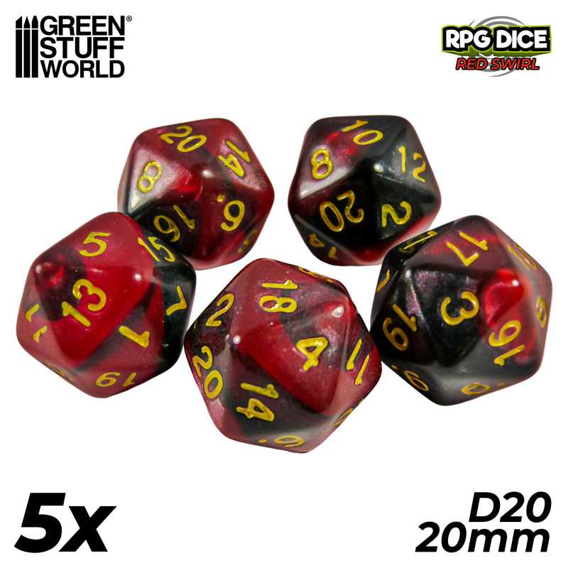 5x D20 20mm Dice - Red Swirl | Board Game Dices