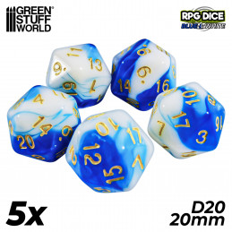 5x D20 20mm Dés de Jeu - Bleu Blanc | Dés - Jeux de société