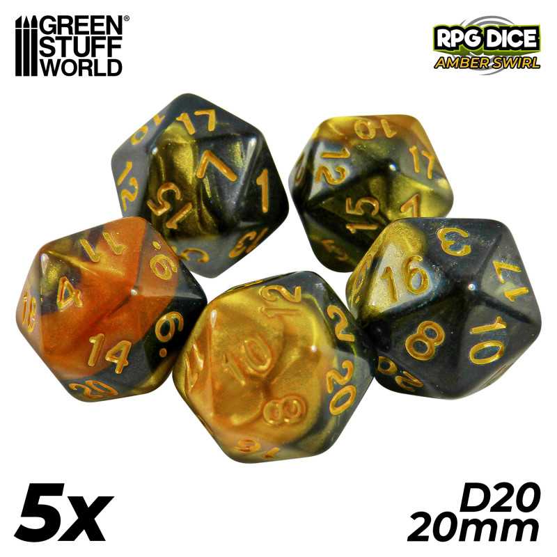 5x D20 20mm Dice - Amber Swirl | Board Game Dices