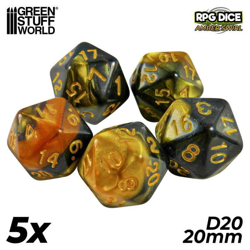 5x D20 20mm Dice - Amber Swirl | Board Game Dices 5x D20 20mm Dice - Amber Swirl | Board Game Dices
