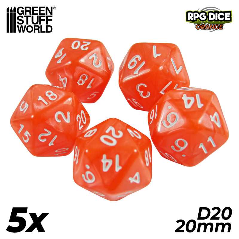 5x D20 20mm Dés de Jeu - Orange | Dés - Jeux de société