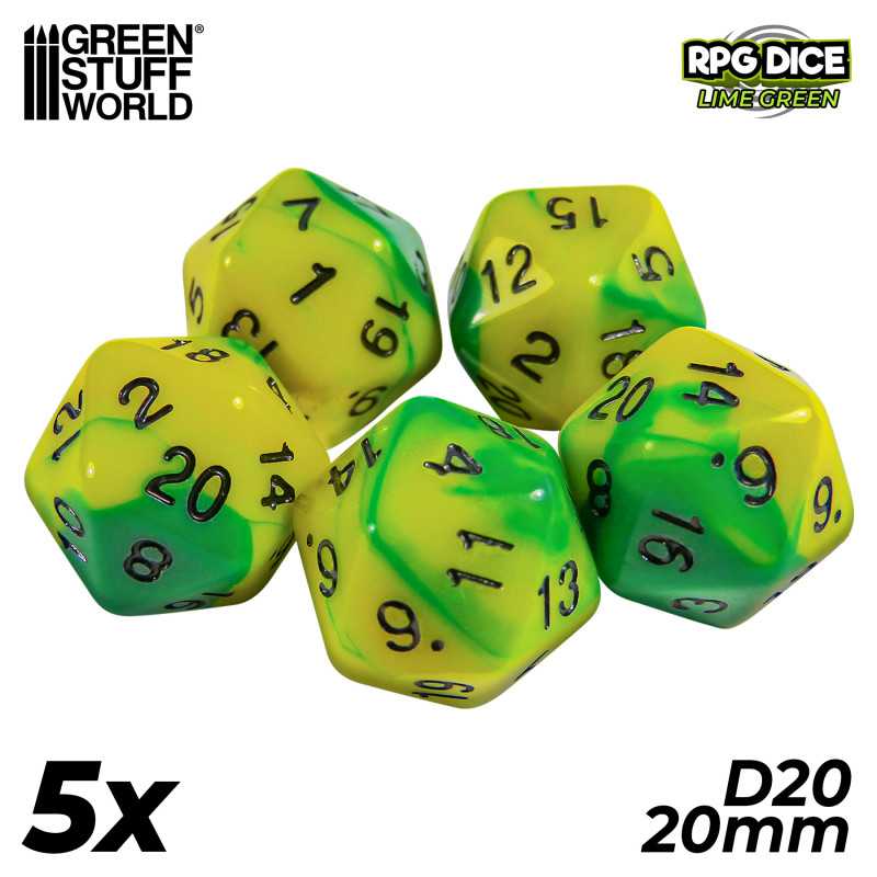 5x D20 20mm Dés de Jeu - Lime Marbre | Dés - Jeux de société