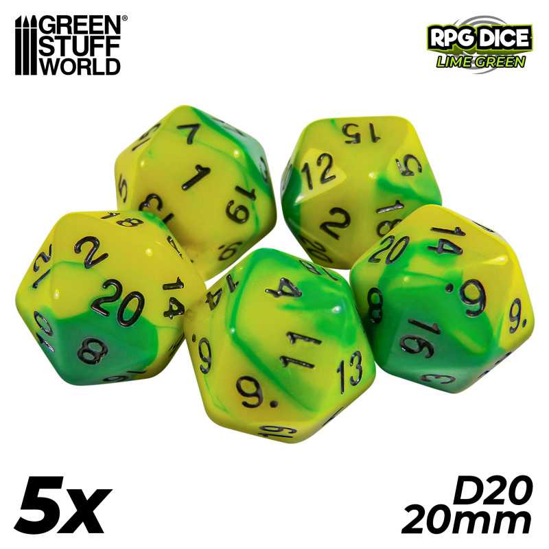 5x D20 20mm Dice - Lime Swirl | Board Game Dices
