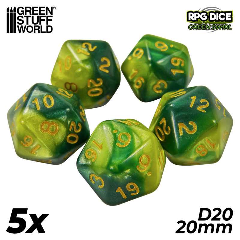 5x D20 20mm Dés de Jeu - Vert Marbre | Dés - Jeux de société