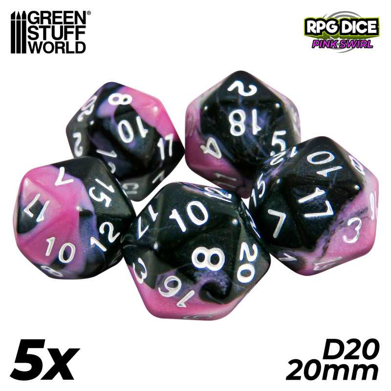 5x D20 20mm Dice - Pink Swirl | Board Game Dices