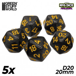 5x D20 20mm Dés de Jeu - Noir | Dés - Jeux de société