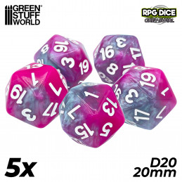 5x D20 20mm Dice - Pink - Grey | Board Game Dices