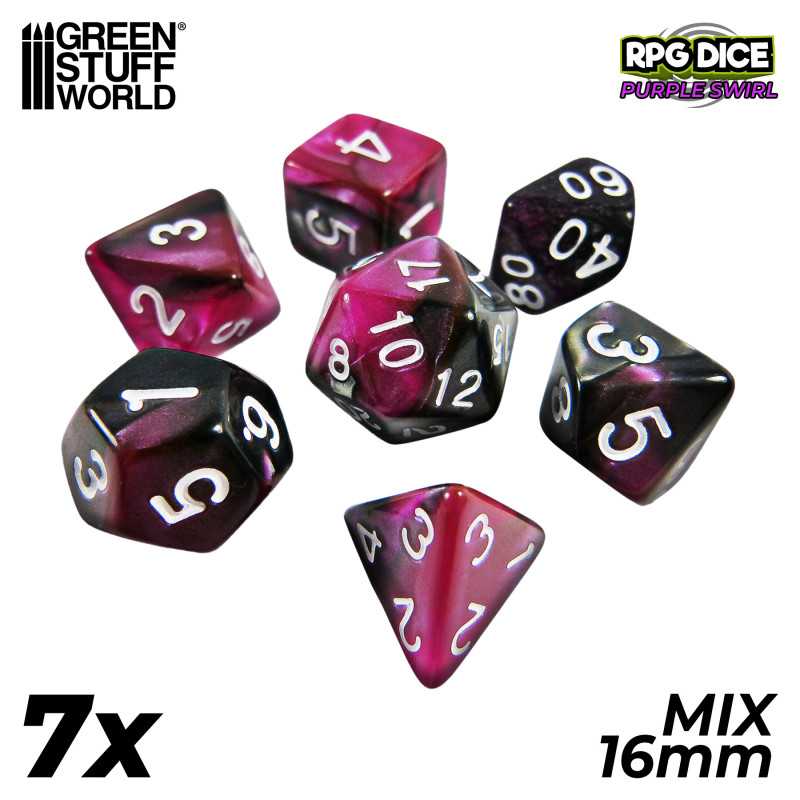 7x Mix 16mm Spielwürfel - Lila Marmor | DnD Würfelset