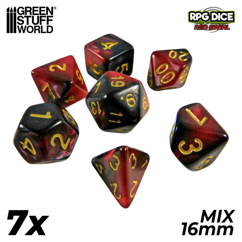 7x Mix 16mm Dés de Jeu - Rouge Marbre | Set de Dés JDR