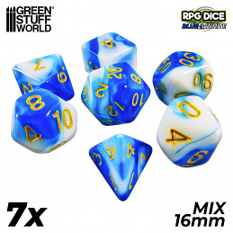 7x Dados Mix 16mm - Azul Blanco Set de Dados de Rol