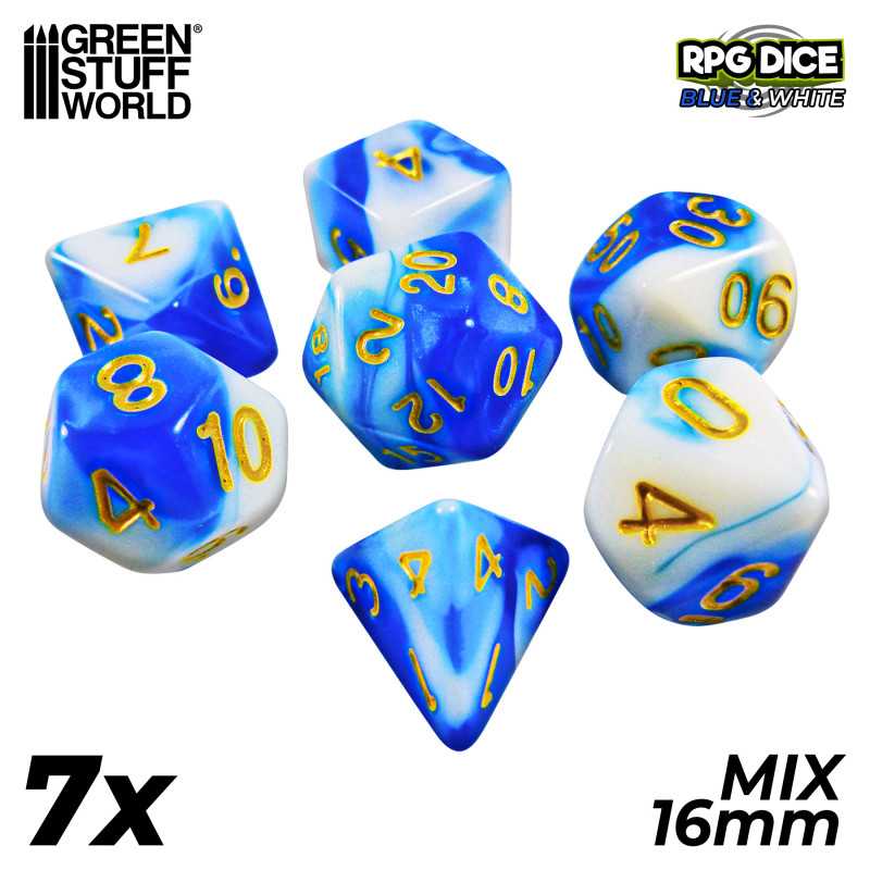 7x Mix 16mm Spielwürfel - Blau Weiss | DnD Würfelset