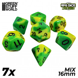 7x Mix 16mm Dice - Lime Swirl | DnD dice set