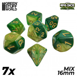 7x Mix 16mm Spielwürfel - Grun Marmor | DnD Würfelset