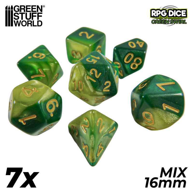 7x Mix 16mm Dice - Green Swirl | DnD dice set 7x Mix 16mm Dice - Green Swirl | DnD dice set