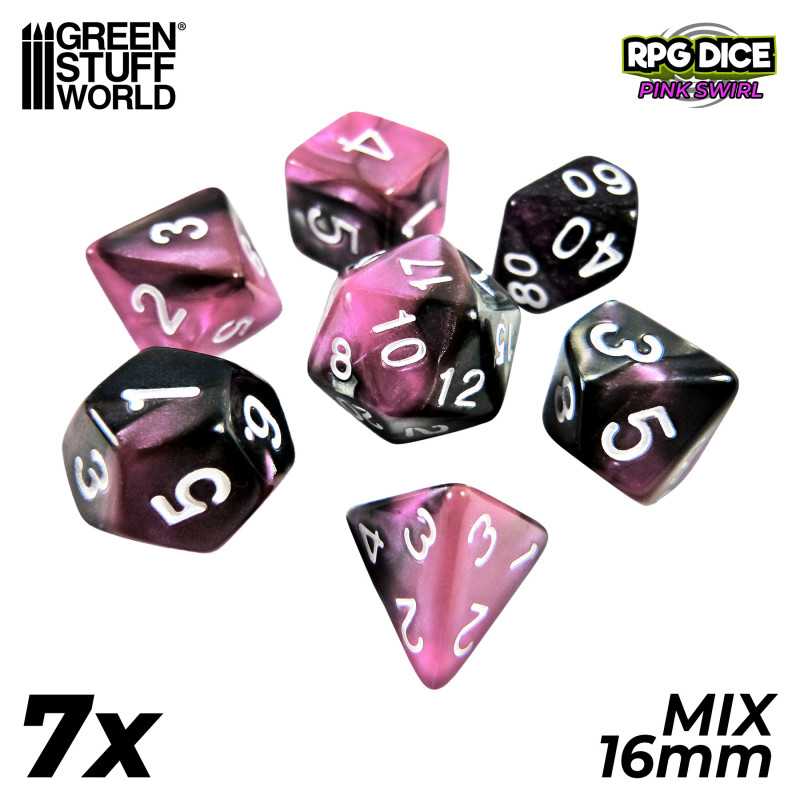 7x Mix 16mm Dice - Pink Swirl | DnD dice set