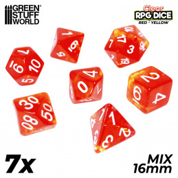 7x Mix 16mm Dés de Jeu - Rouge/Jaune Transparent | Set de Dés JDR