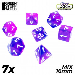 7x Mix 16mm Dice - Clear Blue/Purple | DnD dice set