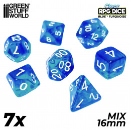 7x Dados Mix 16mm - Azul/Turquesa Transparente Set de Dados de Rol