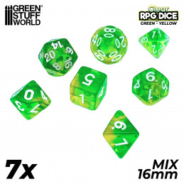 7x Mix 16mm Dés de Jeu - Vert/Jaune Transparent | Set de Dés JDR