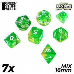 7x Mix 16mm Spielwürfel - Grün/Gelb Transparent | DnD Würfelset