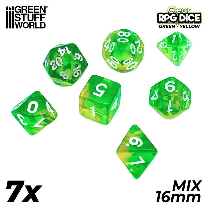 7x Mix 16mm Dés de Jeu - Vert/Jaune Transparent | Set de Dés JDR