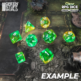 7x Mix 16mm Dice - Clear Green/Yellow | DnD dice set