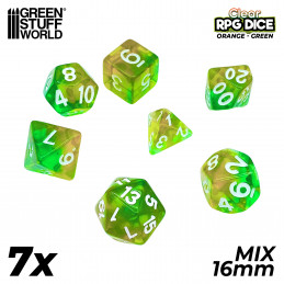 7x Mix 16mm Dice - Clear Orange/Green | DnD dice set