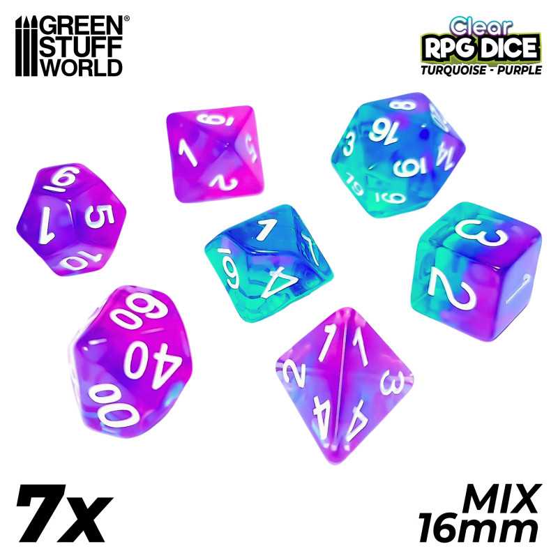 7x Mix 16mm Dice - Clear Turquoise/Purple | DnD dice set