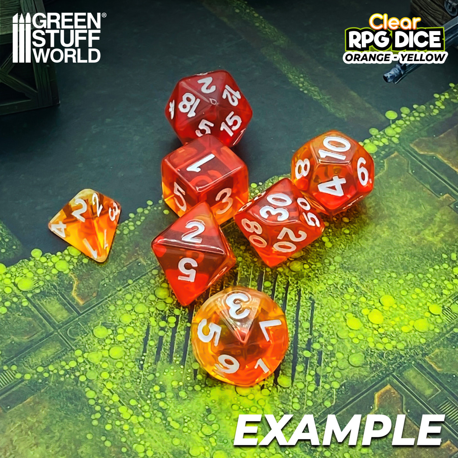 Jeu De 7 Dés En Cristal Acrylique Pour Jeux De Rôle (RPG) - Orange, Hexaèdres 16mm Ou 19mm, Asmodee
