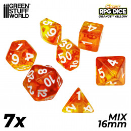 7x Dadi Mix 16 mm - Arancione/Giallo Trasparente | Set Dadi D&D