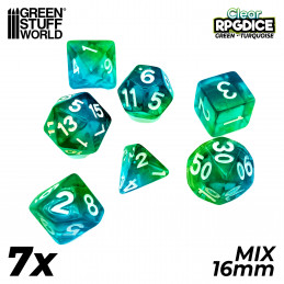 7x Dadi Mix 16 mm - Verde/Turchese Trasparente | Set Dadi D&D