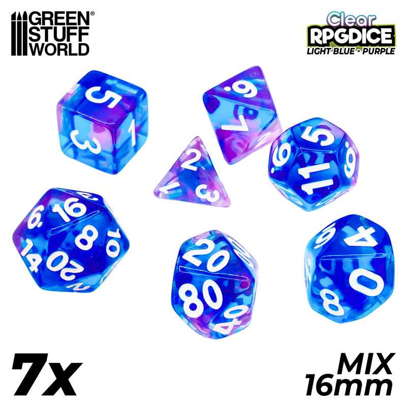 7x Mix 16mm Dice - Light Blue - Purple | DnD dice set