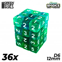 36x Dadi D6 12mm - Verde/Turchese Trasparente | Dadi giochi da tavolo