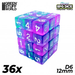 36x D6 12mm Dice - Clear Turquoise/Purple | D6 Dices