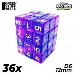 36x D6 12mm Dés de Jeu - Bleu/Lilas Transparent | Dés D6